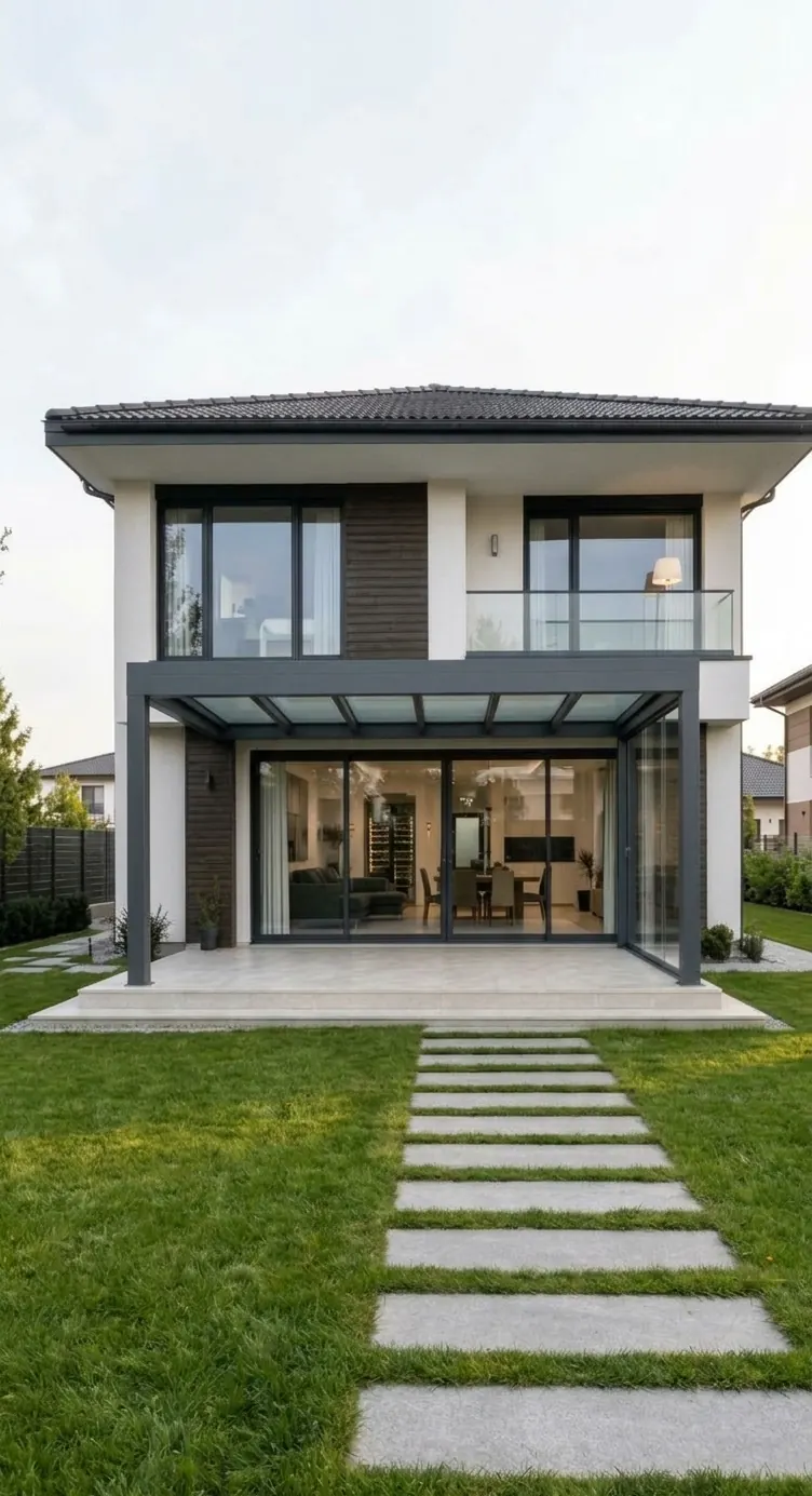 Modernes weißes Einfamilienhaus mit dunklem Glasdach über der Terrasse, Glasseitenwand und Gartenweg