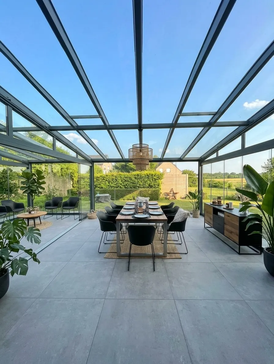 Innenansicht eines großen Wintergartens mit Glasdach, langem Esstisch und Blick in den Garten bei Sonnenschein