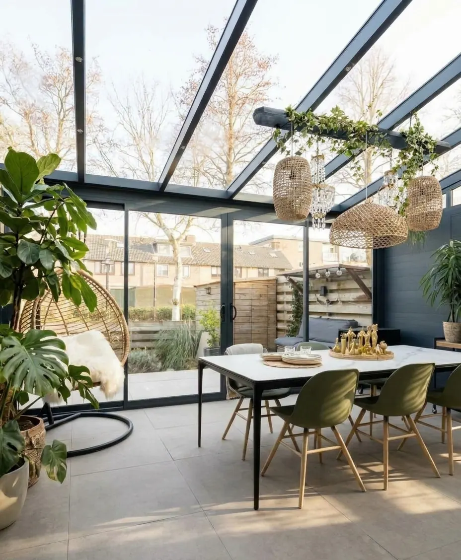 Gemütlicher Wintergarten mit Glasdach, Hängesessel, großen Pflanzen und Esstisch mit grünen Stühlen