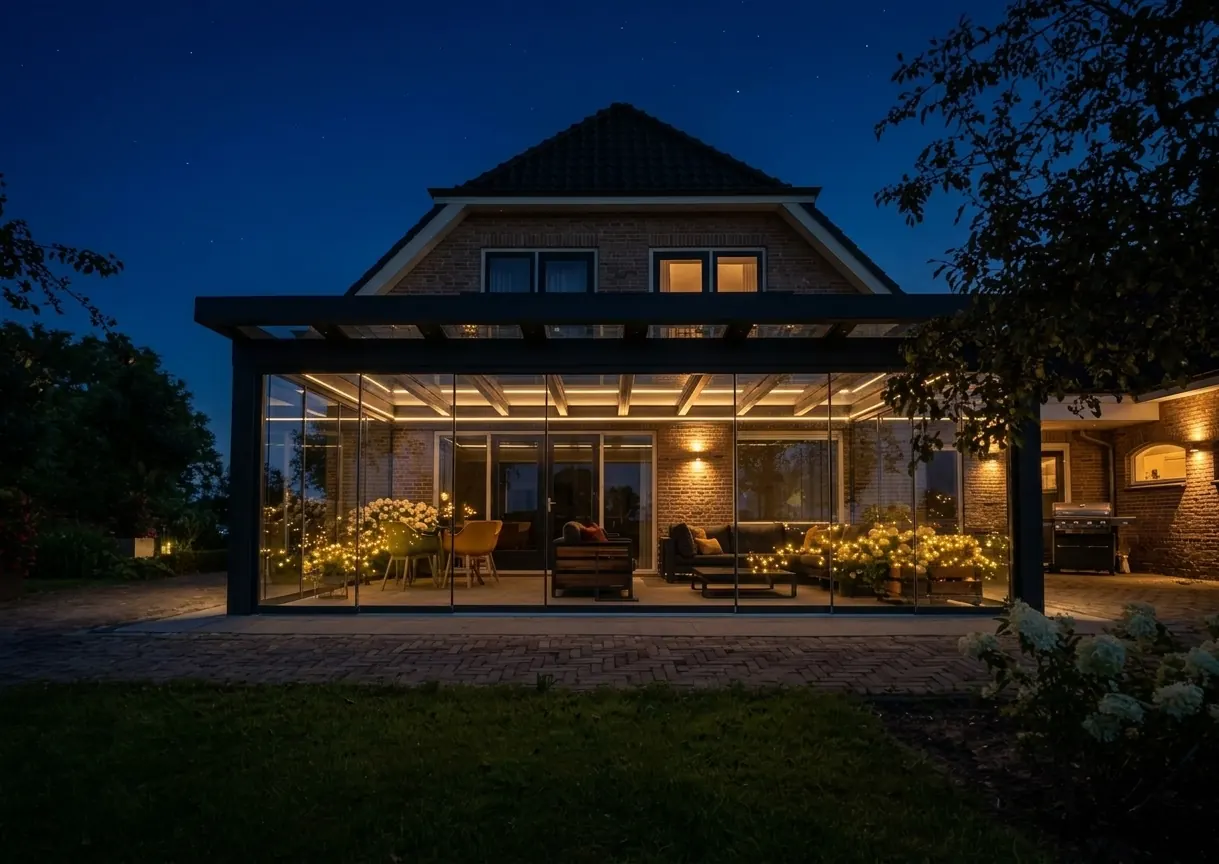 Wintergarten mit rahmenlosen Glasschiebewänden an einem Klinkerhaus, abends warm beleuchtet mit Lounge und Essplatz